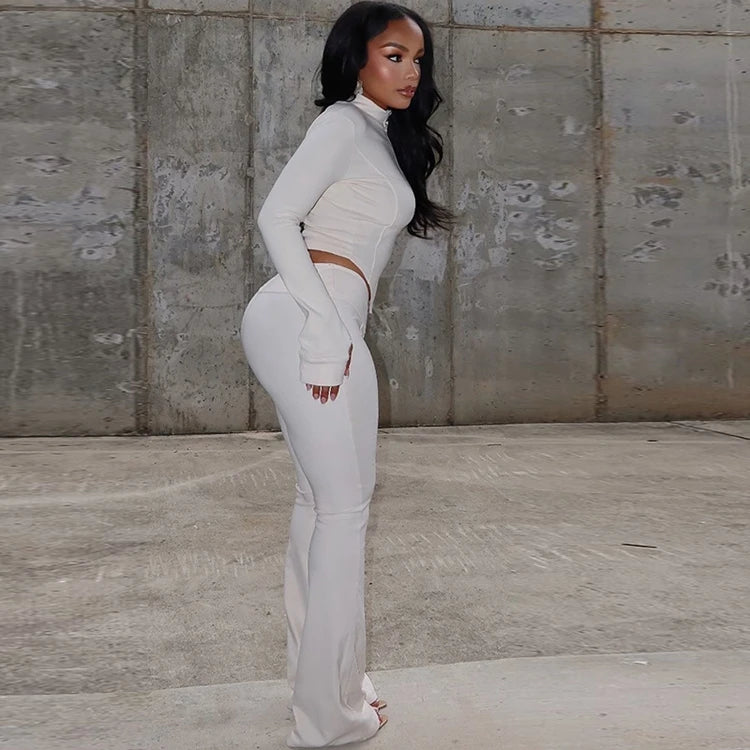 STYLISH LADY Solid Color Sporty 2 Piece Set Women Long Sleeve Crop Top and Flare Pant Suits 2025 Summer Casual Fitness Tracksuit