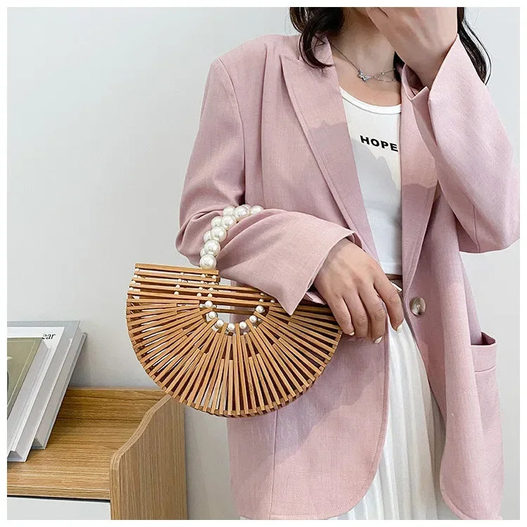 Women's Hand - Woven Bamboo Bag | Bamboo Woven Basket Style, Beach Vacation Essential, Handheld Bucket Design