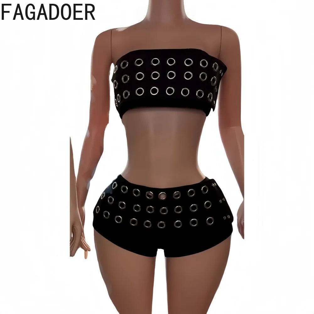 FAGADOER Y2K Sexy Hollow Out Patchwork 2 Pieces Set for Woman Sleeveless Backless Crop Top and Shorts Outfits Female Streetwear