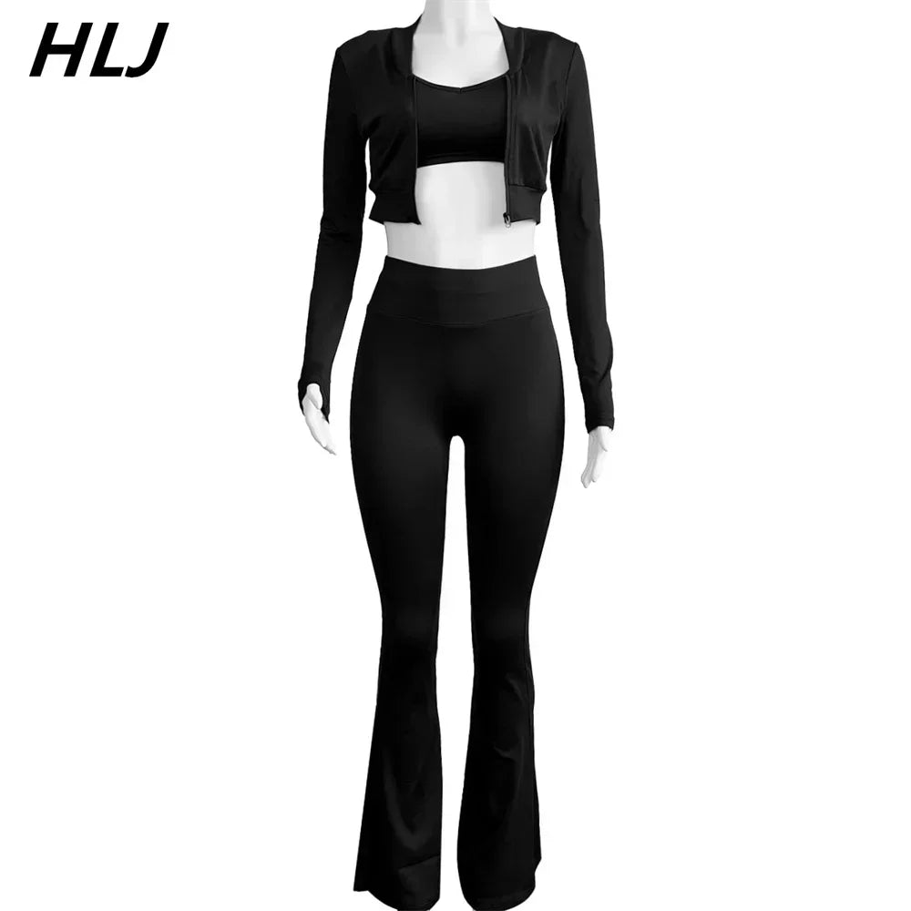 HLJ&GG Casual Solid Bodycon 3 Piece Sets Outfit Women Slim Crop Tops + High Waist Flare Pants Long Sleeves Coats Tracksuits 2024