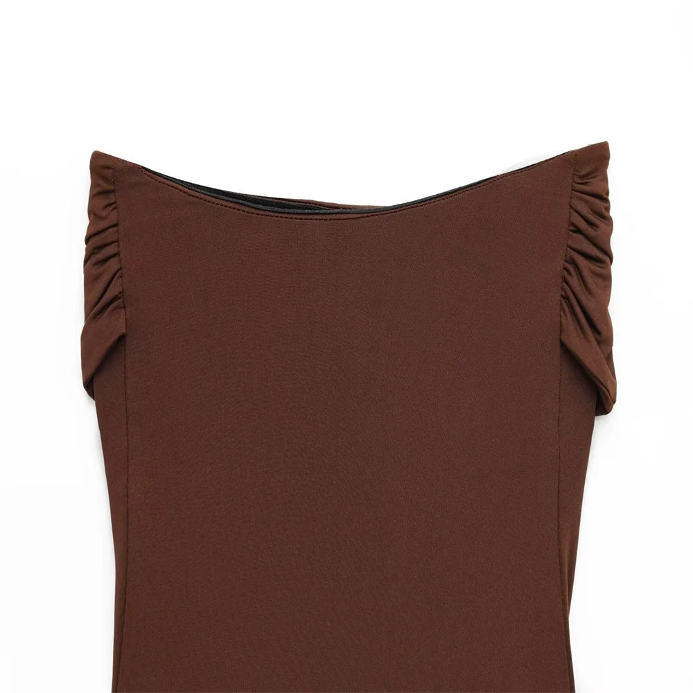 PB&ZA 2025 Women Off Shoulder One Piece Swimsuit with Decorative Buckle Stylish Black and Brown Design for Sale on AliExpress
