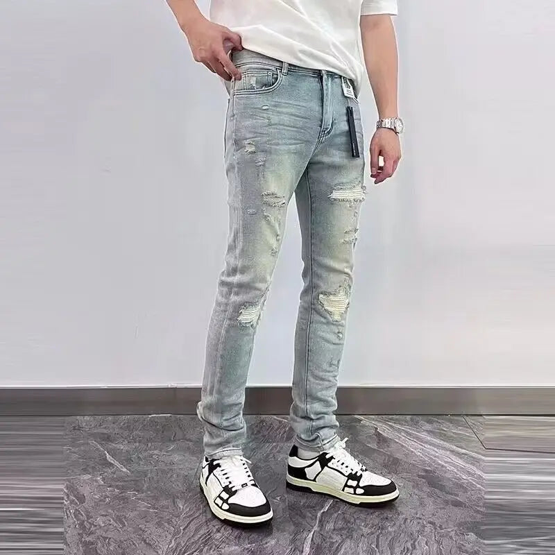 2025 Spring New Ripped Hole Denim Man's Pants Washing Light Blue Hip Hop Slim Fit Men's Trousers High Street Blue beggar Jeans