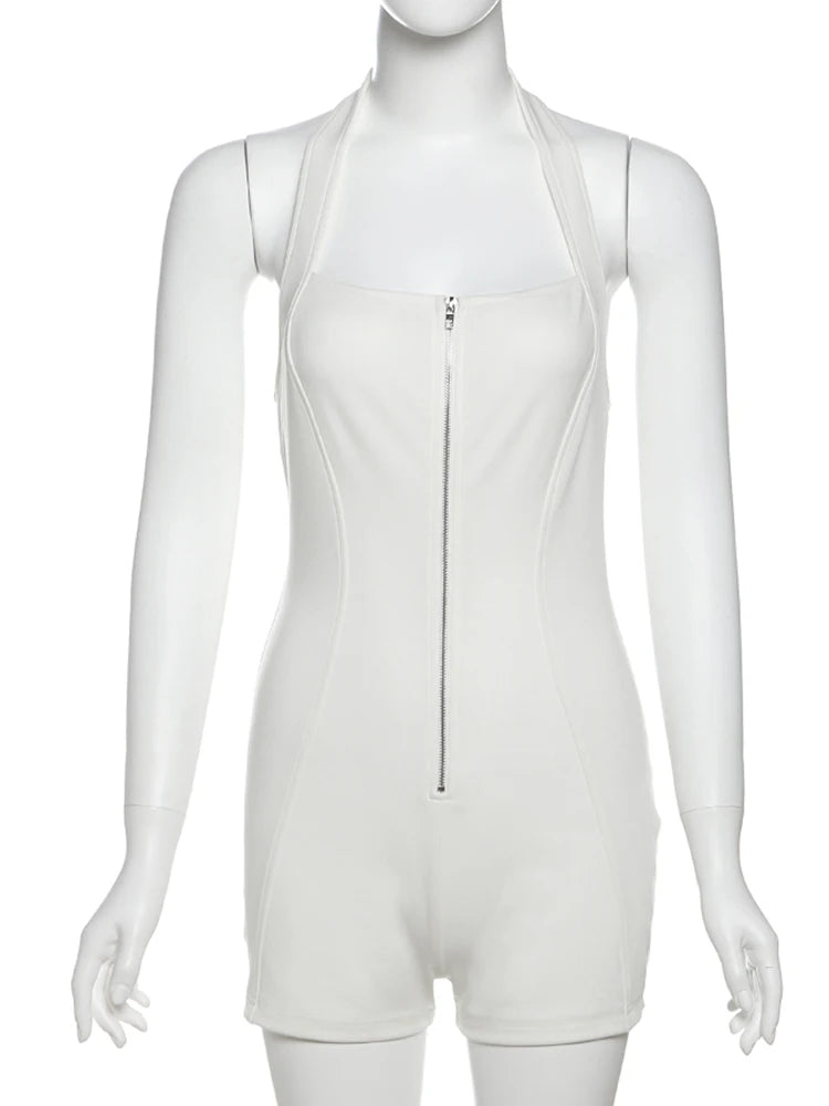 Weird Puss Zip Halter Playsuit Women Summer Trend Backless Fitness Sleeveless Stretch Casual Sporty Workout Activity Playsuit