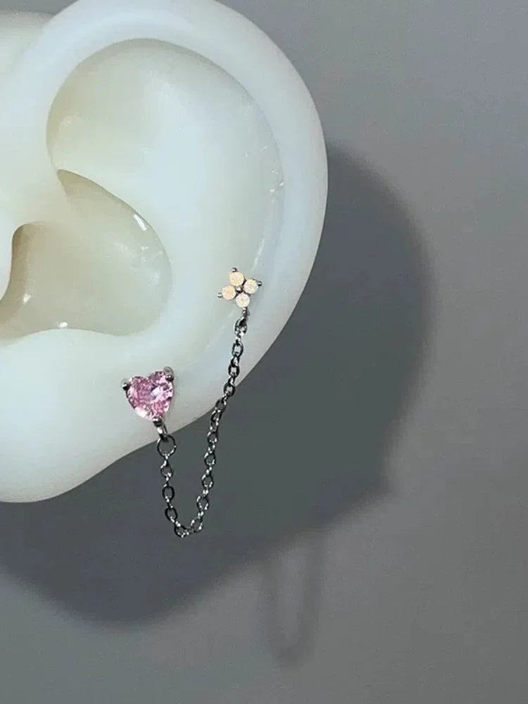 1PCS Pink Love Heart Chain Double Ear Hole 316L Stainless Steel Ear Bone Nail Y2K Fashion Hottie Earrings for Women Jewelry
