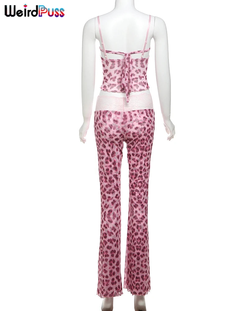 Weird Puss Mesh Patchwork 2 Piece Set Women Sexy Cleavage Sleeveless Crop Tops+Leopard Print Skinny Pants Street Wild Trend Suit