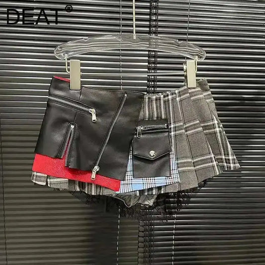 DEAT 2025 Summer New Patchwork Plaid Irregular Pleated Mini Skirt, Zipper Pockets Lace Design Skirts 29L7565