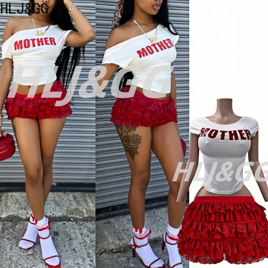HLJ&GG Red Fashion Letter Backless Tshirts Two Piece Sets Women O Neck Short Sleeve Slim Crop Top And Lace Skirts Shorts Outfits