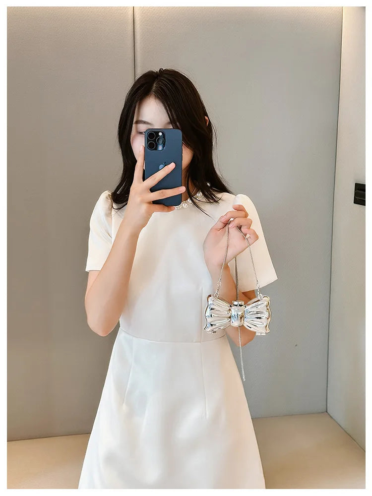 New Mini Evening Bag Metal Purse Crossbody Handbag for Girls Kid Women Bowknot Chain Shoulder Bag for Party Wedding