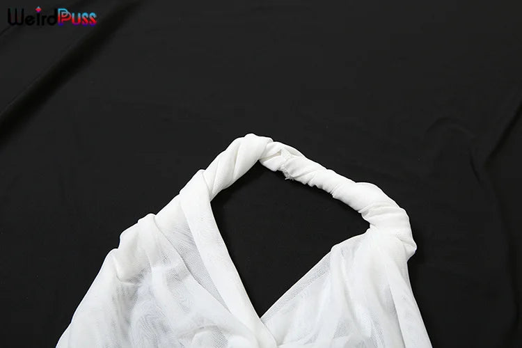 Weird Puss Sexy Women 2 Piece Set Summer Trend Mesh Thin Whip Halter Tank Tops+Wide Waist Shorts Matching Street Club Outfits