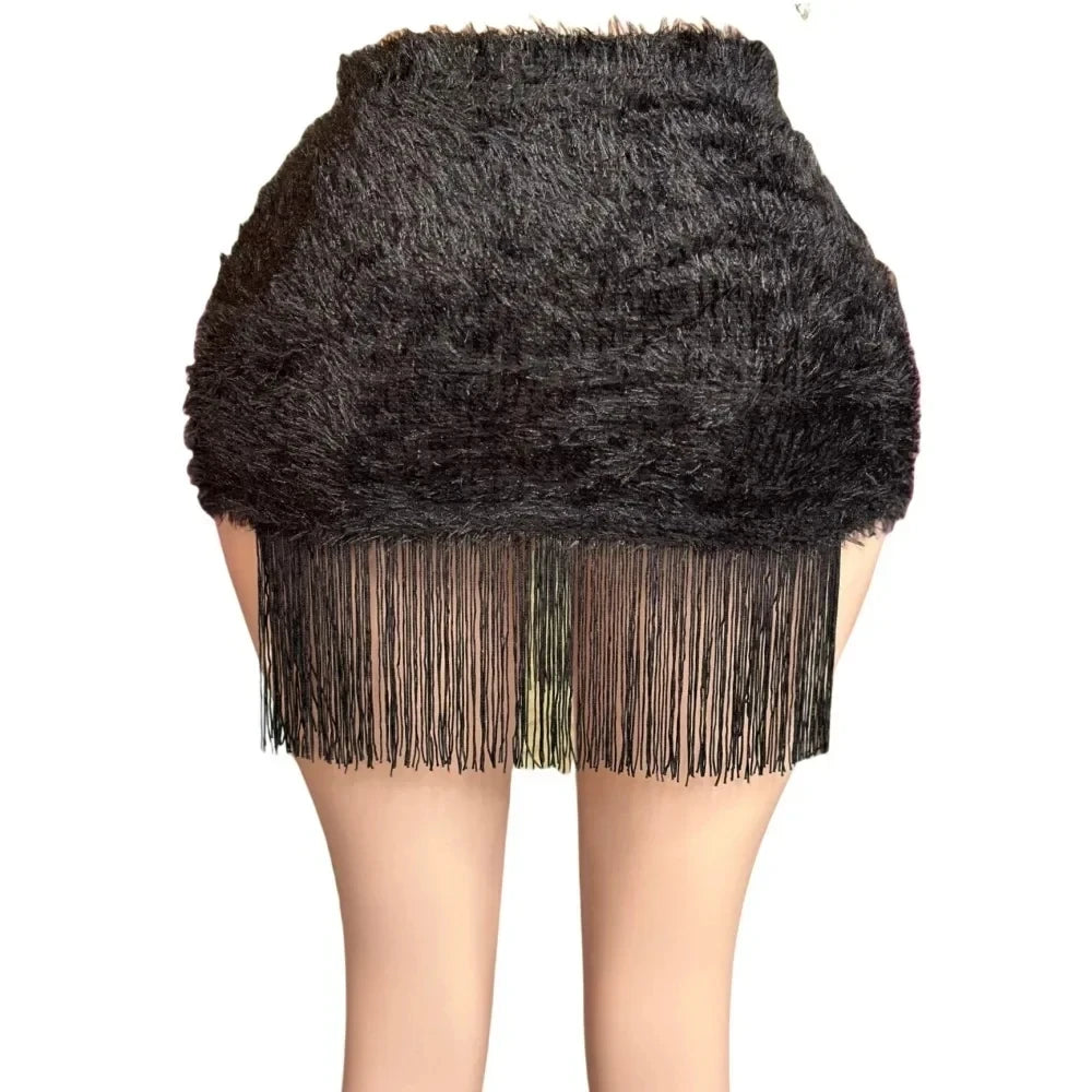 HLJ&GG Black Sexy Y2K Punk Tassels Two Piece Sets Women Chain Lace Up Slim Tube And Fur Mini Skirts Outfits Fashion Streetwear