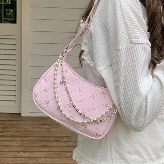 Pink Shoulder Bag Elegant Cute Bow Pearl Chains Bow Embroidery Handbag Casual Leather Korean Fashion Female Handbag