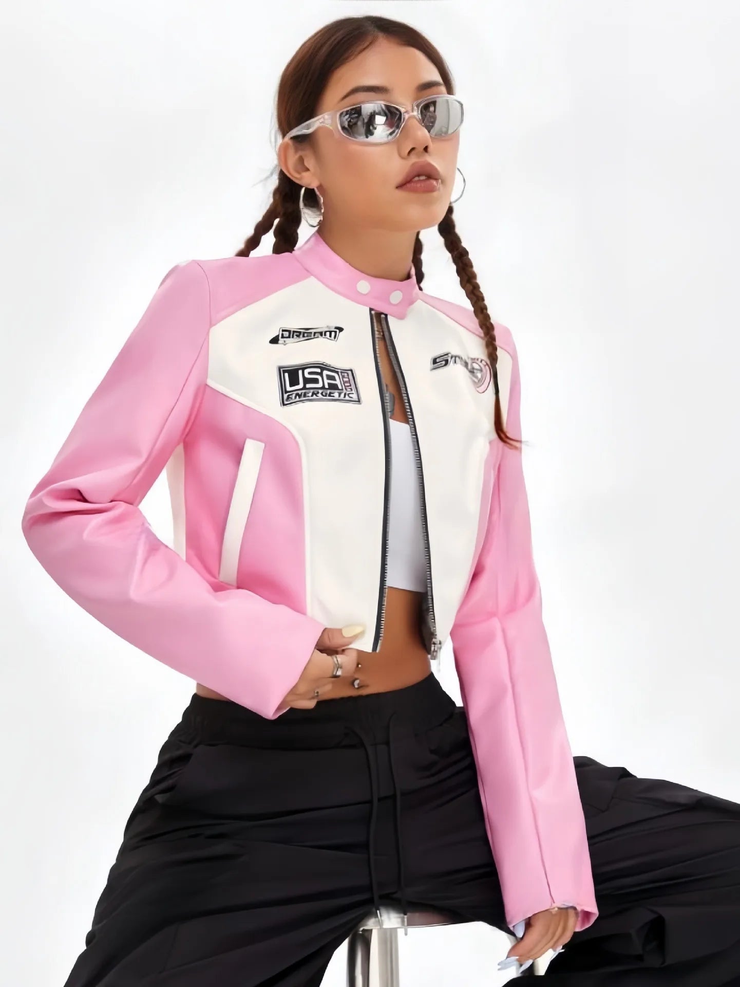 HLJ&GG Pink Letter Print Leather Jacket 3 Piece Sets Women Vest+Long Sleeve Crop Top+Shorts Outfits Fashion Cool Girl Streetwear