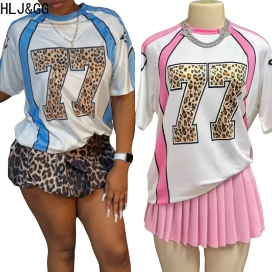 HLJ&GG Fashion Y2K Letter Leopard Puffy Mini Skirts Two Piece Sets Women Round Neck Short Sleeve Top + Skirts Outfits Streetwear