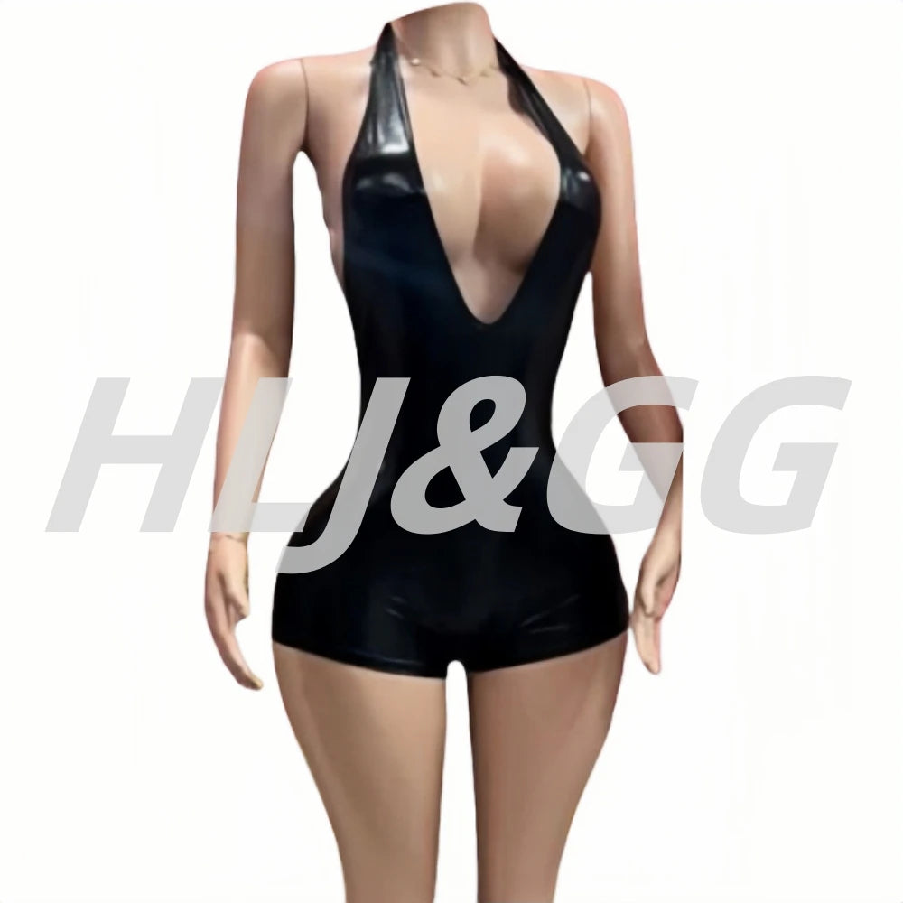 HLJ&GG Sexy Deep V Halter Glossy Bodycon One Piece Rompers Women Sleeveless Backless Lace Up Jumpsuits Fashion Clubwear Overalls