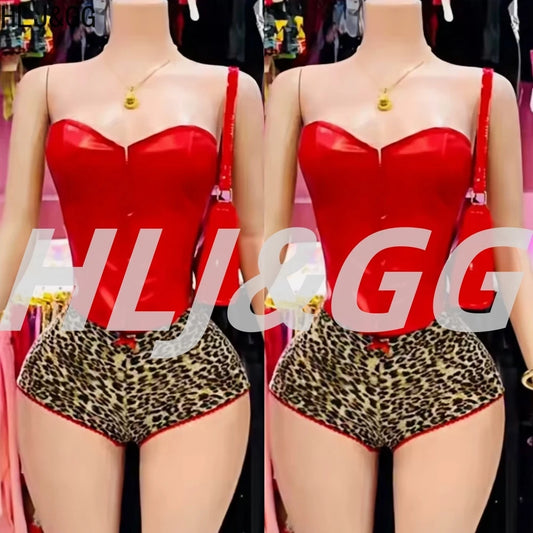 HLJ&GG Sexy Glossy Leather Two Piece Sets Women Off Shoulder Slim Crop Top+Leopard Shorts Outfits Fashion Y2K Streetwear