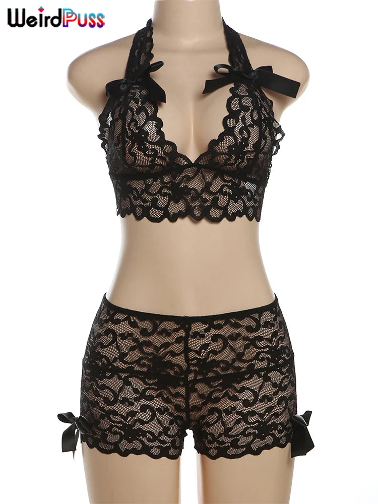 Weird Puss Mesh Sexy Bow 2 Piece Set Summer Women Halter Backless Lace Tank Tops+Shorts Matching Clubwear Coquette Hipster Suits
