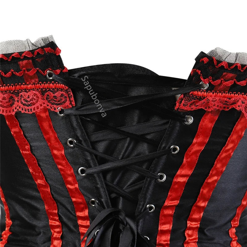 Sapubonva Lace up corsets bustiers top sexy satin overbust corset striped ladies satin halloween big size red black pink korsett