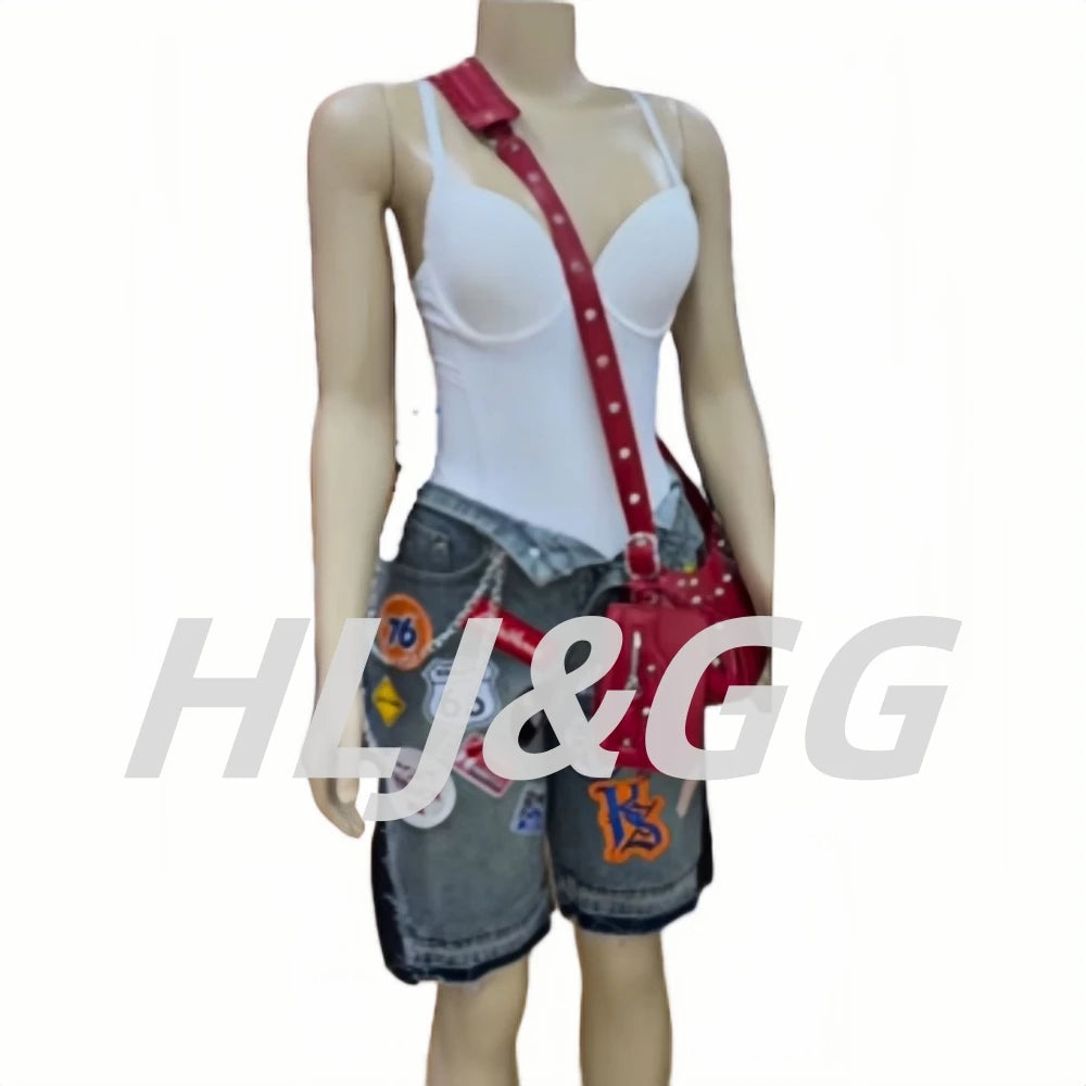 HLJ&GG Blue Retro Fashion Denim Two Piece Sets Women One Shoulder Short Sleeve Crop Top+Jeans Shorts Outfits Fashion Streetwear