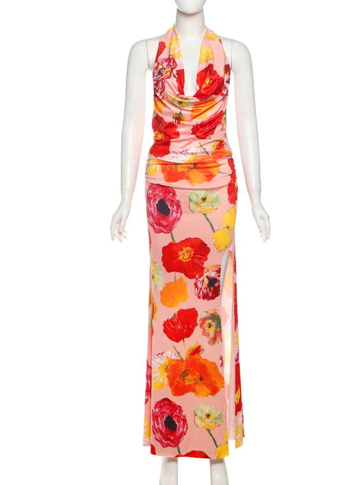 Weird Puss Floral Print 2 Piece Set Women Halter Low-Neck Backless Crop Tops+Skinny Splits Long Skirts Vacation Beach Style Suit