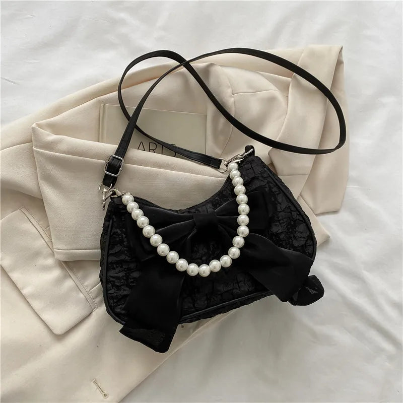 Pearl Female Bag Retro Luxury Designer Handbag Bow Crossbody Bags Fashion Canvas Women's 2023 Trend Shoulder bag Purses
