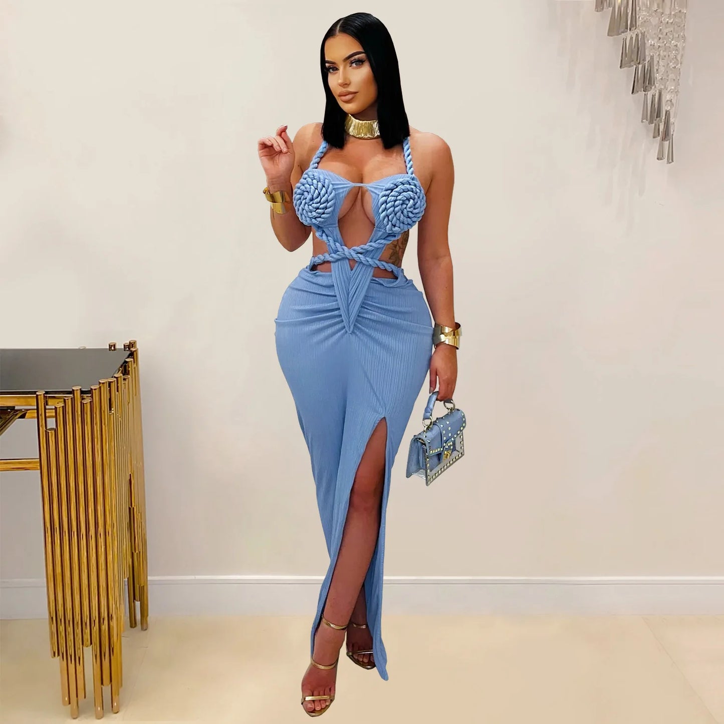 Weird Puss Sexy Plait Dress Women Summer Peach Buttocks Backless Sleeveless Split Hollow Midnight Party Clubwear Maxi Bodycon