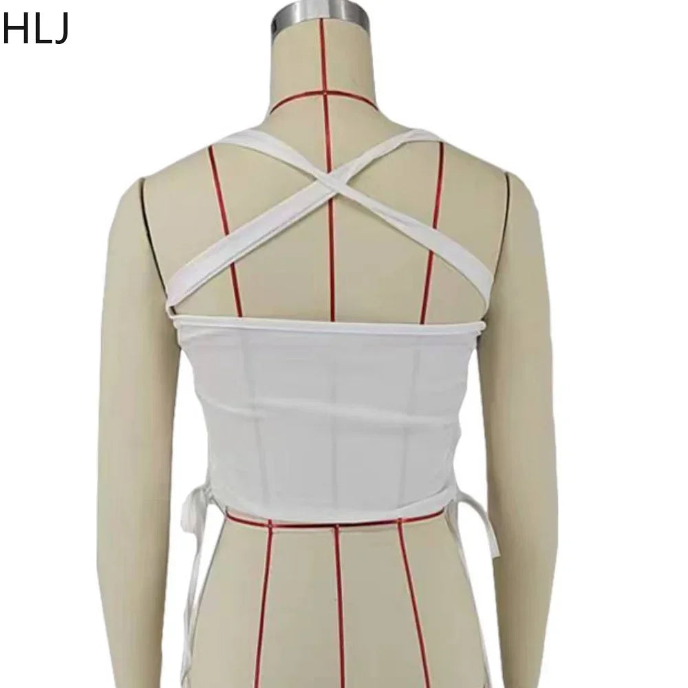 HLJ&GG Sweet Lace Sheer Ruched Two Piece Sets Women Round Neck Sleeveless Top And Skirts Shorts Outfits Fashion 2pcs Streetwear