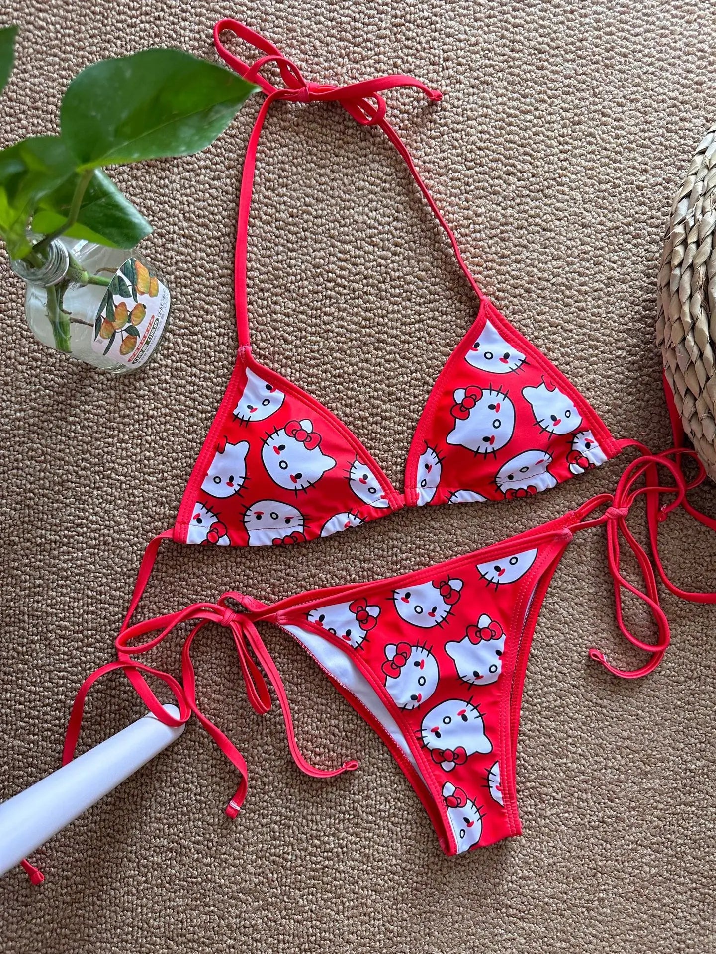Sanrio Hello Kitty Kawaii Bikinis Set Cute Cartoon Anime Summer Beach Soft Side Strappy Panties Kawaii Swimsuit Sexy Bikini Y2k