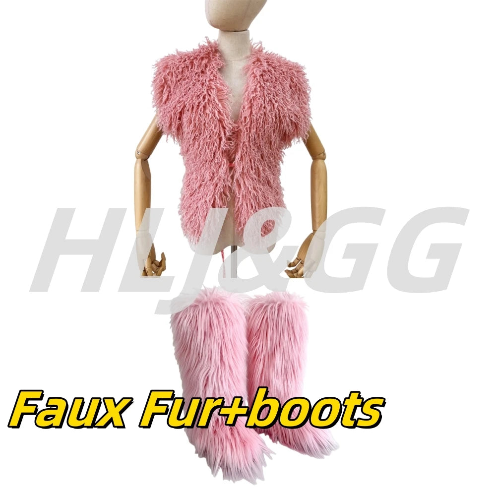 HLJ&GG Trend Y2K Two Piece Sets Women Fur Feather Halter Waistcoat Fashion Backless Lace Up Legs Cover Streetwear Clothing 2025