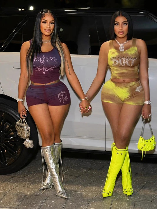 Weird Puss Rhinestones Letter 2 Piece Set Women Tracksuit Casual Ribbed Tank Tops+Bike Shorts Matching Skinny Street Outfits