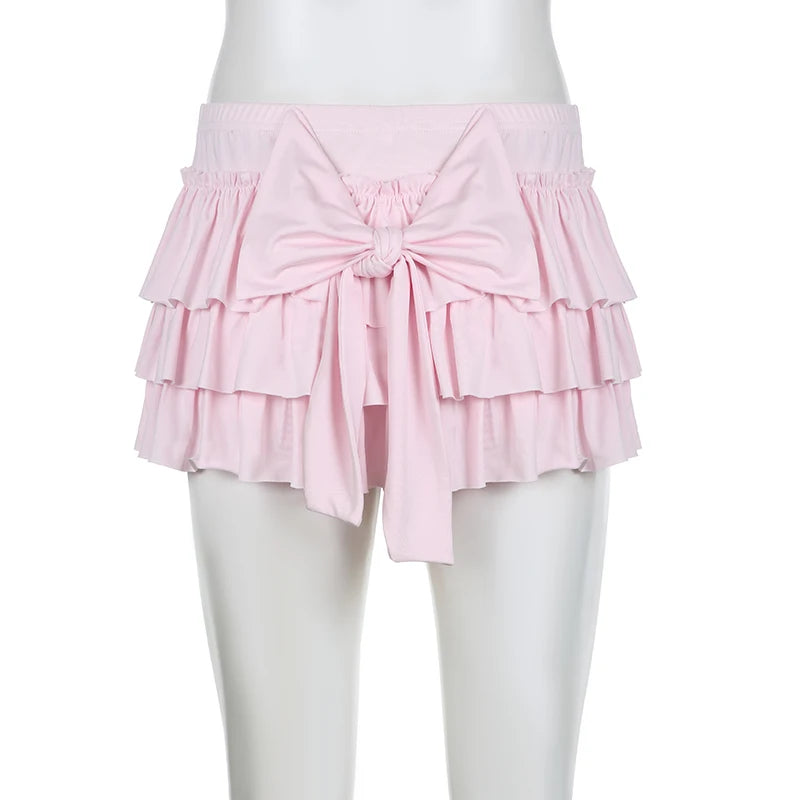 Rockmore Bow Sweet A-Line Skirts Women Sexy Slim Low-Waist Mini Skirts Y2K Female Summer Streetwear Pink Pleated Skirts Coqutte