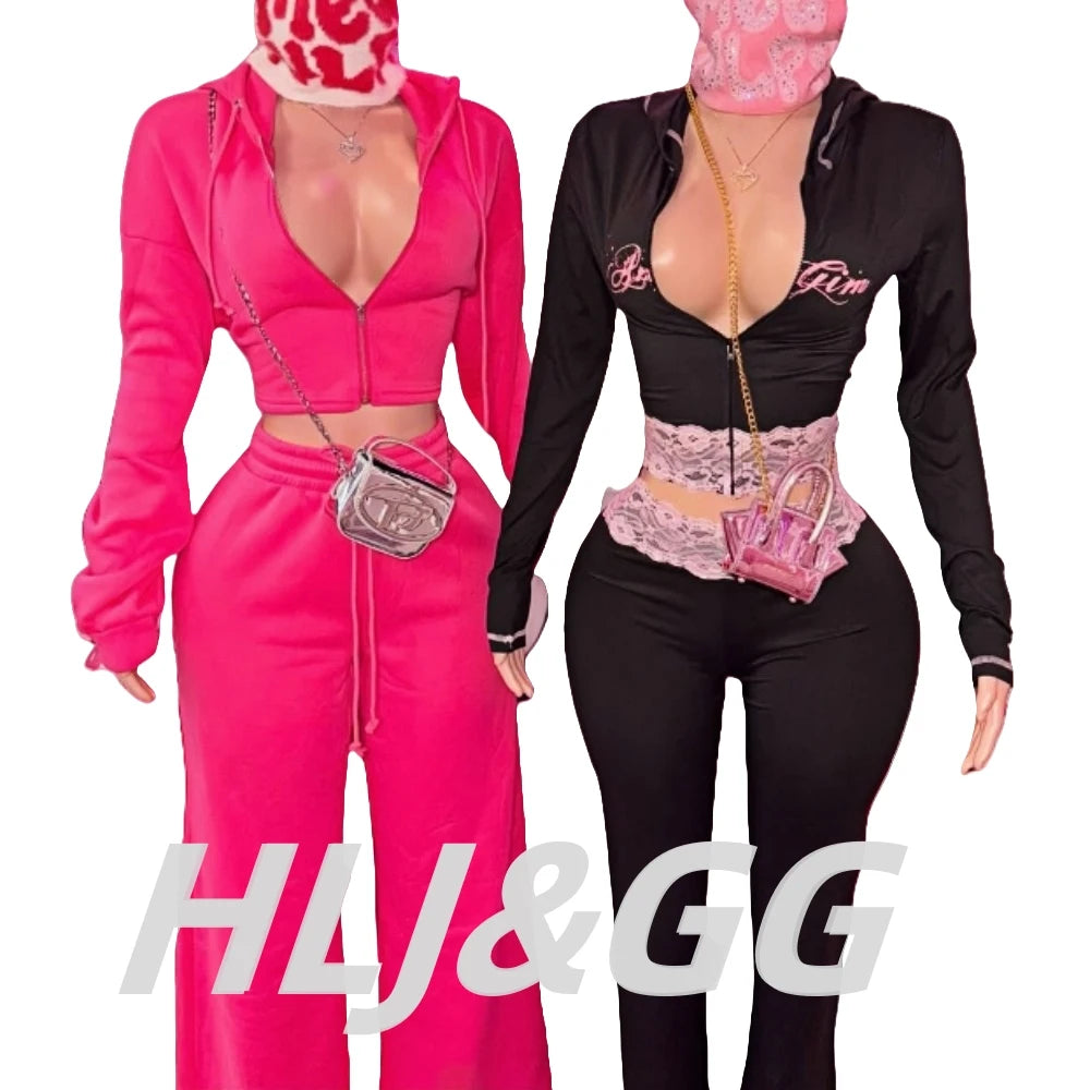 HLJ&GG Black Y2K Letter Printing Hooded Lace Splicing Two Piece Sets Women Zipper Long Sleeve Slim Top And Pants Outfits 2025