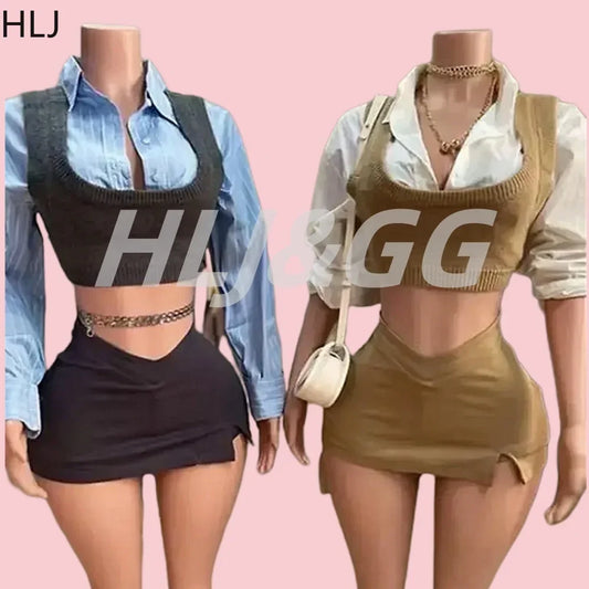 HLJ&GG Autumn Knit Vest Shirts Two Piece Sets Women Lapel Button Long Sleeve Top And Mini Skirts Outfits Fashion Retro 2pcs Suit