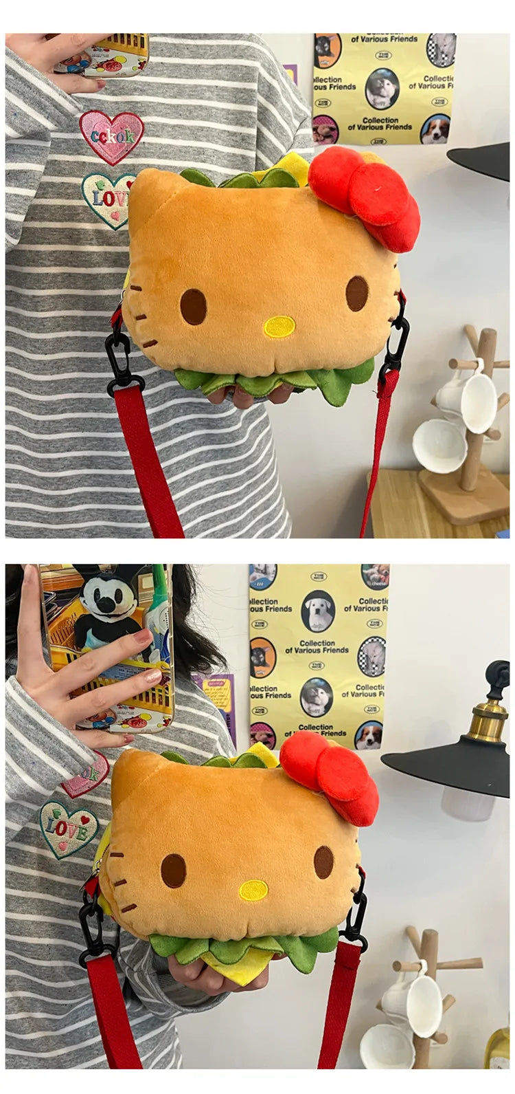 Hello Kitty Kawaii Hamburger Plush Mini Crossbody Bag Adorable Shoulder Purse for Teen Girls Kawaii Fashion Shoulder Bagfor Girl