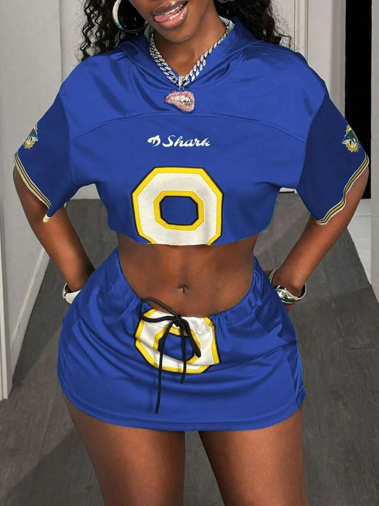 HLJ&GG Fashion Trend Y2K Letter Print Two Piece Sets Women Round Neck Short Sleeve Crop Top And Mini Skirts Outfits Streetwear