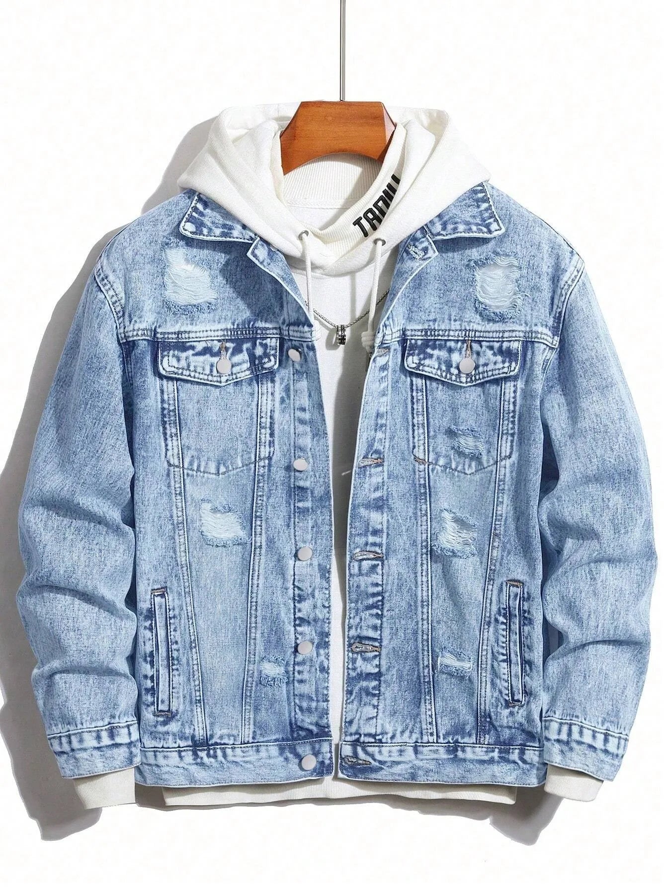 1PC Men's Four Seasons Hot Style Letter Stone Washed Light Blue Flight Jacket Daily American Street Casual Denim Jacket