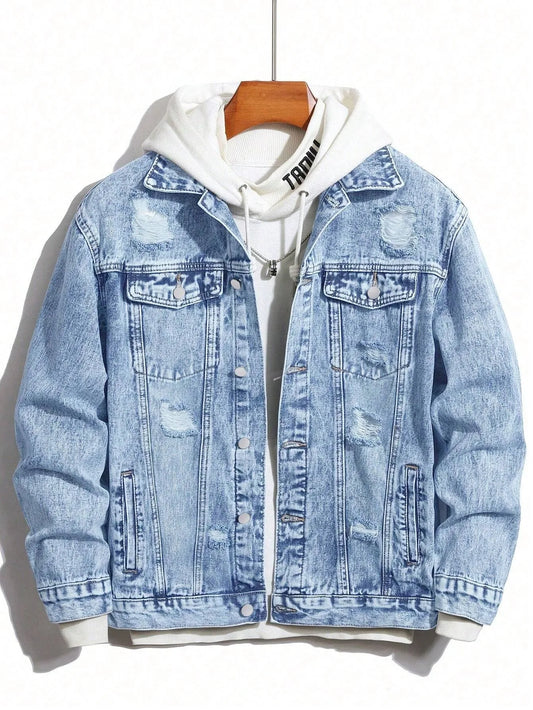1PC Men's Four Seasons Hot Style Letter Stone Washed Light Blue Flight Jacket Daily American Street Casual Denim Jacket