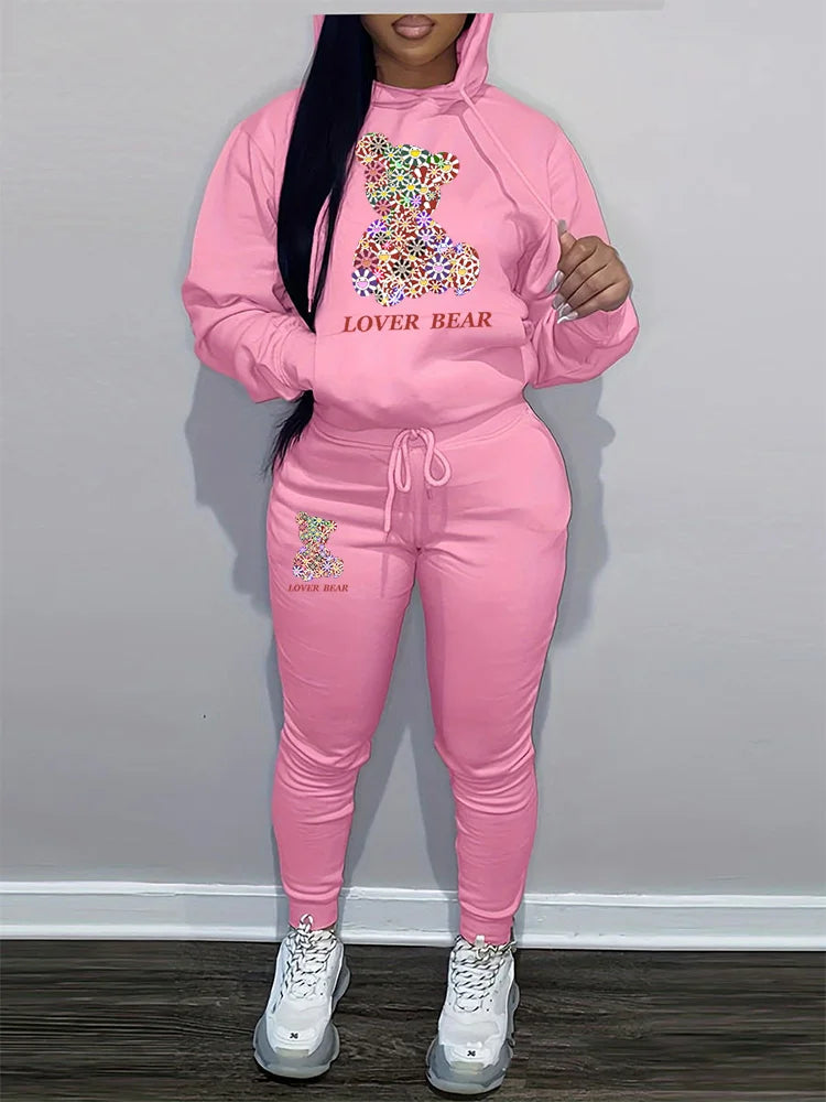 Women's Hoodies Sets Pants Suit 2 Piece Outfits 2025 New Letter Print Bear Aesthetics Sweatshirt and Sweatpants Womens Tracksuit