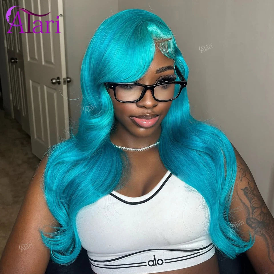 13x6 Lace Front Sapphire Blue Human Hair Body Wave Wigs Light Blue Transparent 13x4 Lace Frontal 613 Colored Wig Pre Plucked