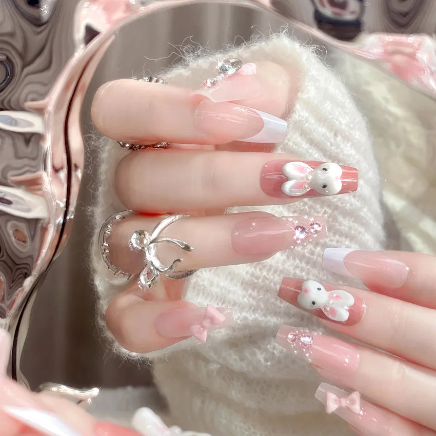 24pcs Heavy Metal Red Crystal Design False Nails 3D Gold Bow Pearl Decor Bride Fake Nail tips Full Cover Diamond Press on nails