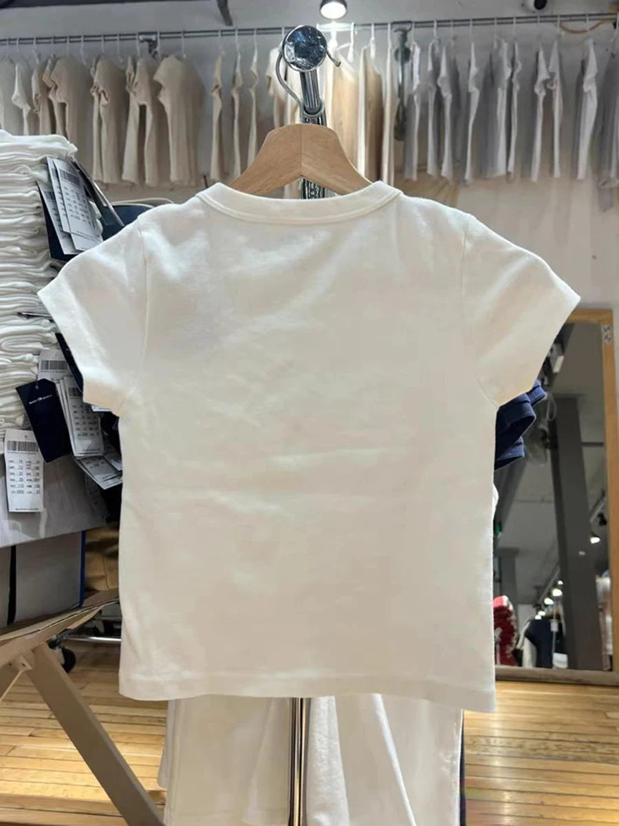 Sweet Star Appliques Slim Crop Top ladies Round Neck Short Sleeve Cotton Cropped T Shirt Summer Cute All-match T-shirts Y2K Tops