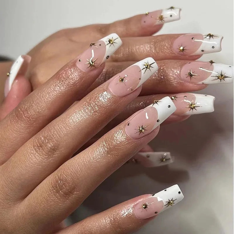 24pcs White French False Nails y2k White Star Ballerina Coffin Press on Nails Detchable Full Cover Fake Nails Tips For Girls