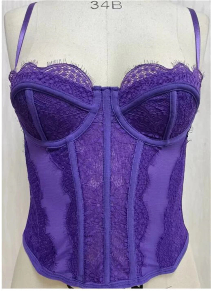 Sexy Lace Mesh Spaghetti Strap Open Back Boned Corset Women Summer Slim Lingerie Bodyshaper Bustier Camisole Halter Vest