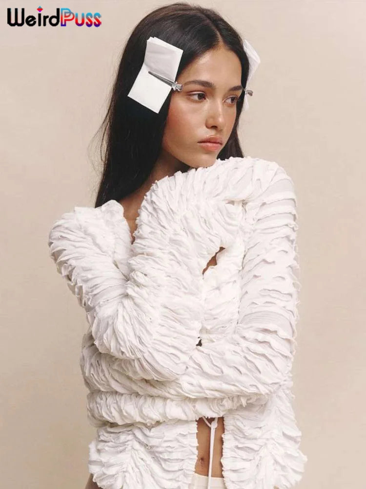 Weird Puss Ripped Chic Crop Tops Women Autumn Elegant Shirring Square Collar Elegant Ruched Full Sleeve Solid Streetwear Tees