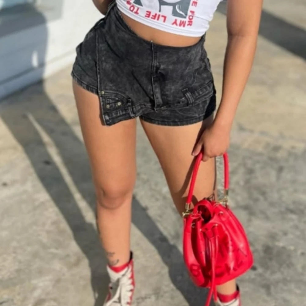 HLJ&GG Y2K Fashion Streetwear Sexy Hot Girl Printing Sleeveless Slim Vest And jeans Shorts Two Piece Sets Summer 2pcs Outfits
