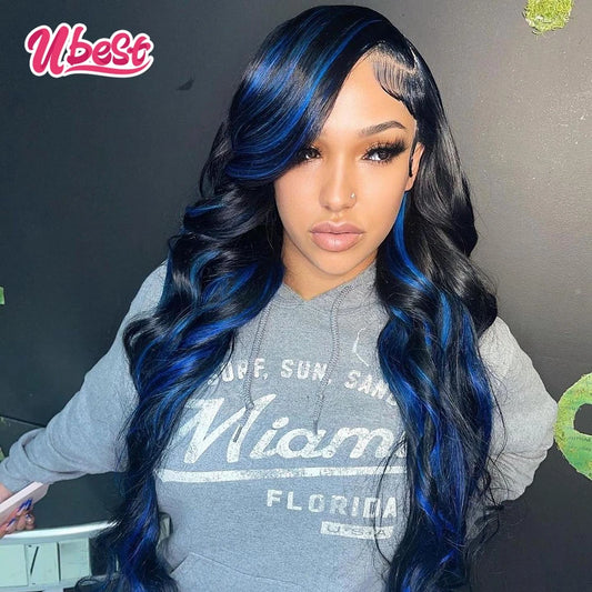 Ubest 34 Inch Highlighs Blue 1B Colored Body Wave Lace Front Human Hair Wigs For Black Women 13x4 Transparent Lace Wig Remy Hair
