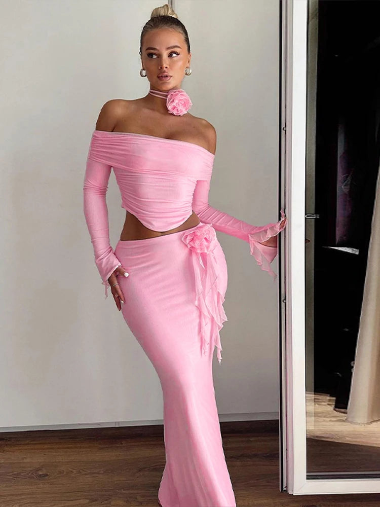 Dulzura Matching Suit Neck Accessories 3D Flower Off Shoulder Long Trumpet Sleeves Crop Top Tassel Maxi Skirt 2024 Autumn Women