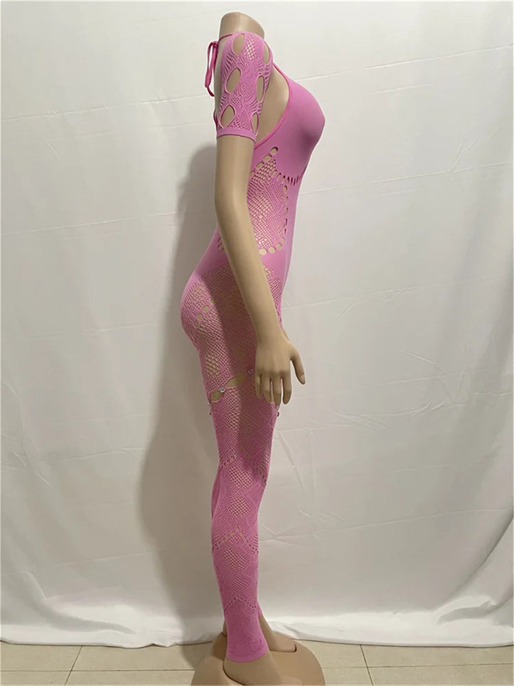 Weird Puss Rhinestone Embellished Women Jumpsuit Backless Halter Hollow Sheer Sexy Slim One Pieces Bodycon Hottie Party Clubwear