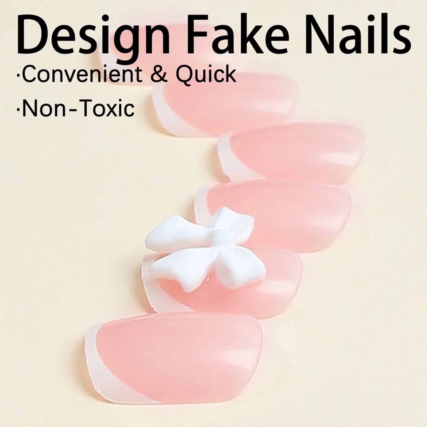 White French Press on Nails 3D Bowknot Fake Nails Tips Full Cover Wearable False Nails for Women and Girls DIY 24Pcs
