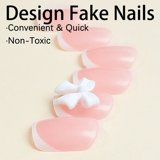White French Press on Nails 3D Bowknot Fake Nails Tips Full Cover Wearable False Nails for Women and Girls DIY 24Pcs