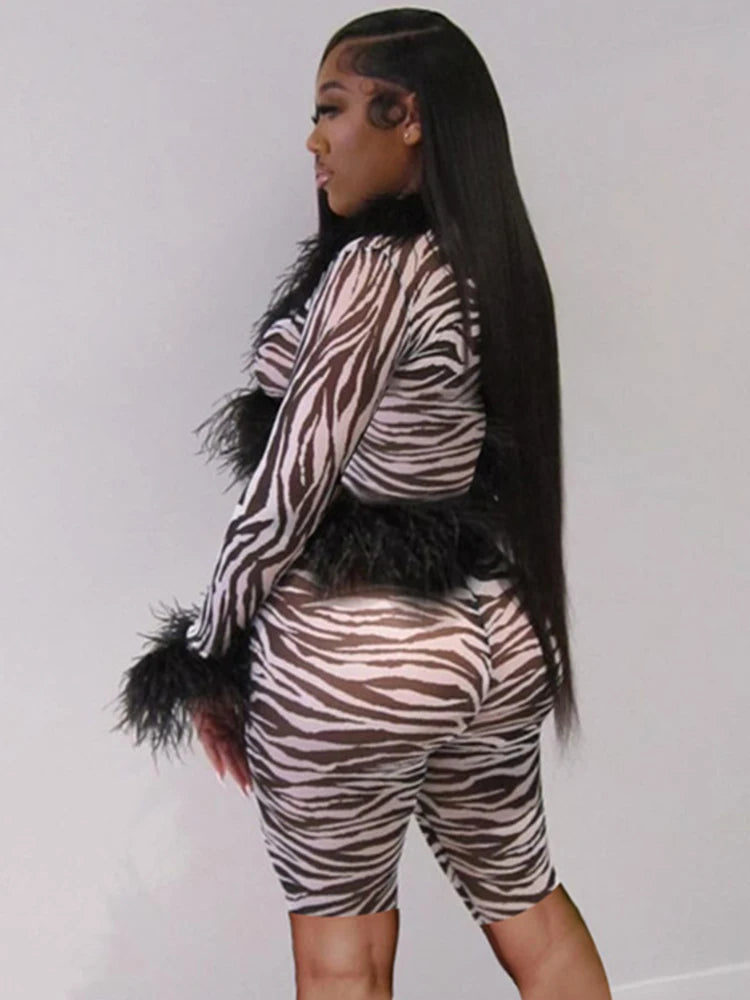 Weird Puss Sexy See Through 2 Piece Set Women Feather Patchwork Full Sleeve Tops++Skinny Shorts Midnight Club Party Trend Suit